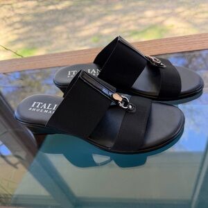 Italian Shoemakers Black Slide Sandals with Decorative Buckle
